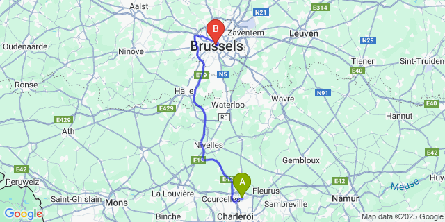 Map: Charleroi Airport Brussels South (CRL) to Aparthotel Adagio Brussels Grand Place