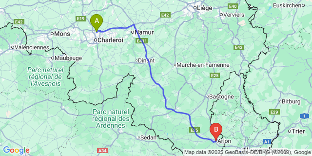 Map: Charleroi Airport Brussels South (CRL) to Arlon