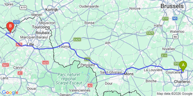 Map: Charleroi Airport Brussels South (CRL) to Armentières