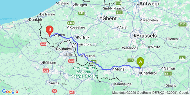 Map: Charleroi Airport Brussels South (CRL) to Arras