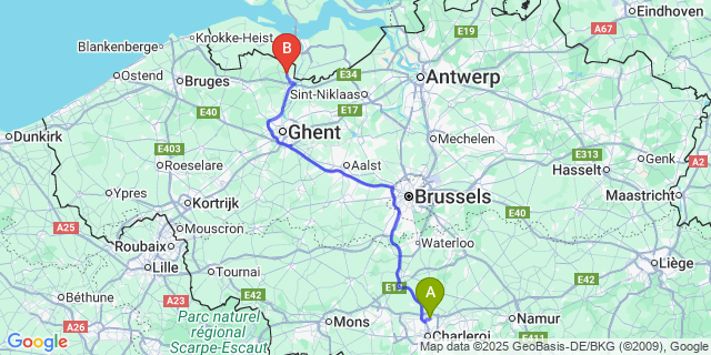 Map: Charleroi Airport Brussels South (CRL) to Assenede