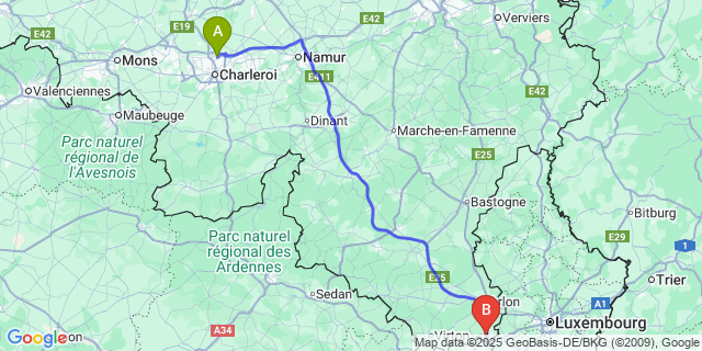 Map: Charleroi Airport Brussels South (CRL) to Aubange