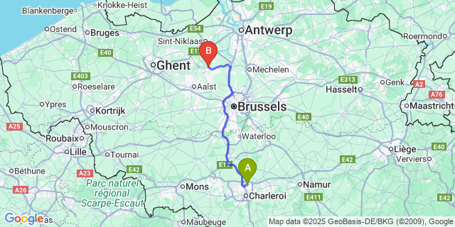 Map: Charleroi Airport Brussels South (CRL) to Baasrode