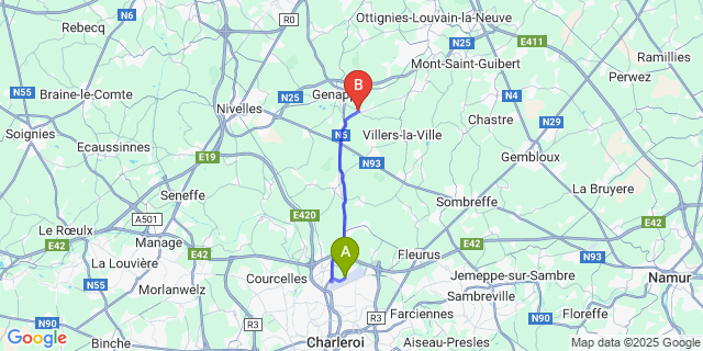 Map: Charleroi Airport Brussels South (CRL) to Baisy-Thy
