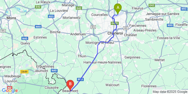 Map: Charleroi Airport Brussels South (CRL) to Beaumont