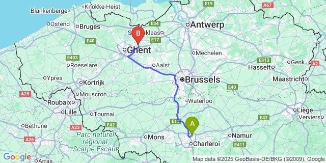 Map: Charleroi Airport Brussels South (CRL) to Beervelde