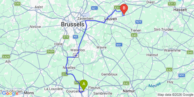 Map: Charleroi Airport Brussels South (CRL) to Belfast city (all areas)
