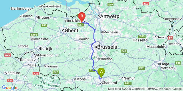 Map: Charleroi Airport Brussels South (CRL) to Belsele
