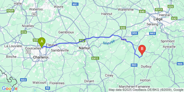 Map: Charleroi Airport Brussels South (CRL) to Bende