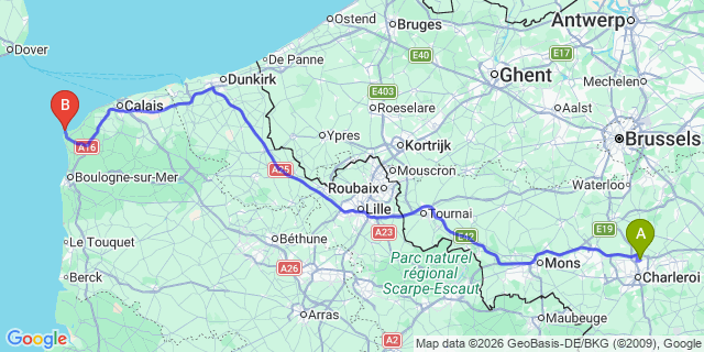 Map: Charleroi Airport Brussels South (CRL) to Berck