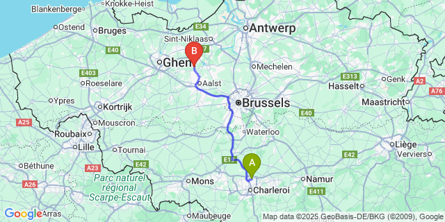 Map: Charleroi Airport Brussels South (CRL) to Berlare