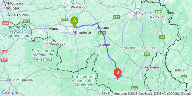 Map: Charleroi Airport Brussels South (CRL) to Bertrix