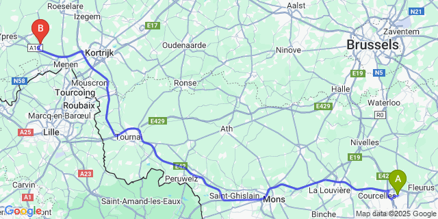 Map: Charleroi Airport Brussels South (CRL) to Beselare