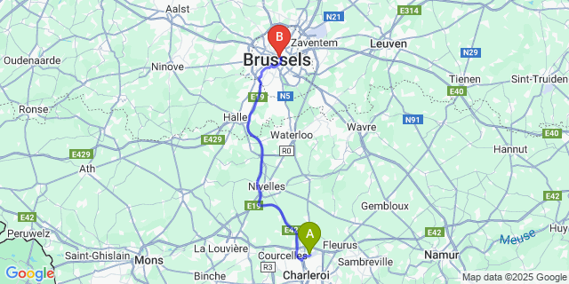 Map: Charleroi Airport Brussels South (CRL) to Best Western Royal Centre, Brussels