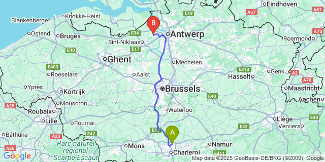 Map: Charleroi Airport Brussels South (CRL) to Beveren