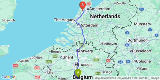 Map: Charleroi Airport Brussels South (CRL) to Beverwijk