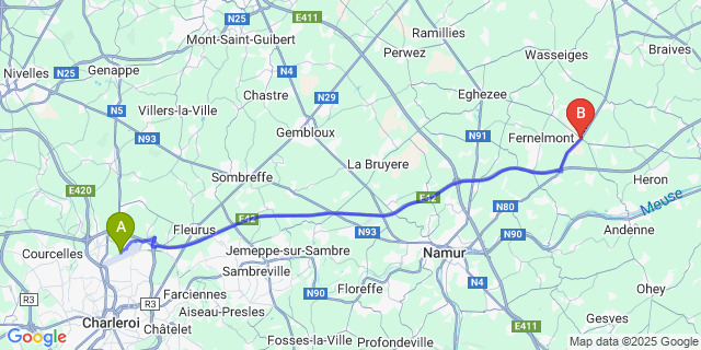 Map: Charleroi Airport Brussels South (CRL) to Bierwart (Fernelmont)