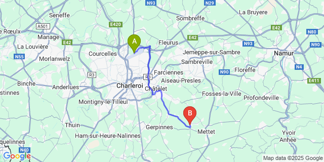 Map: Charleroi Airport Brussels South (CRL) to Biesme