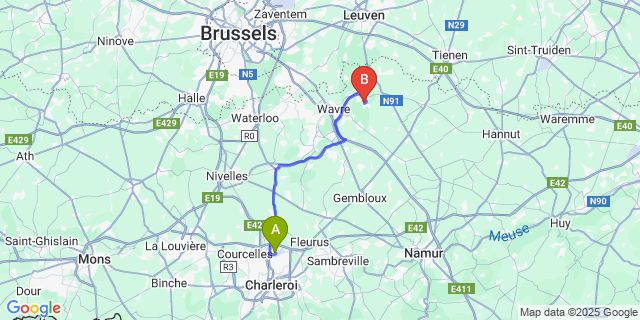 Map: Charleroi Airport Brussels South (CRL) to Biez