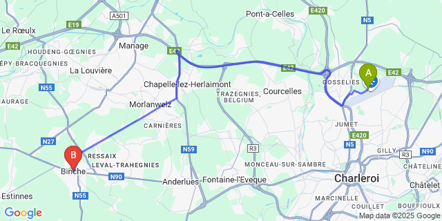 Map: Charleroi Airport Brussels South (CRL) to Binche