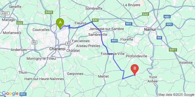 Map: Charleroi Airport Brussels South (CRL) to Bioul