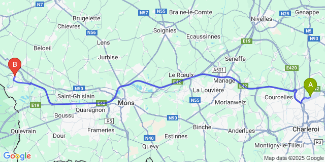 Map: Charleroi Airport Brussels South (CRL) to Blaton