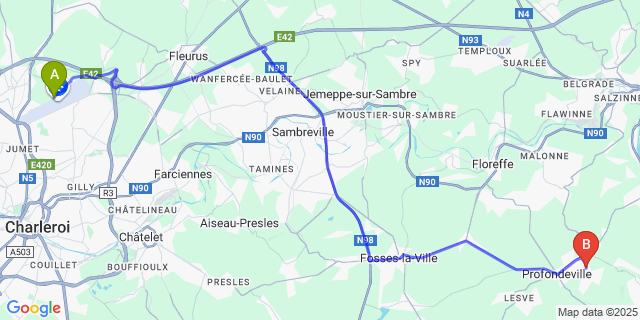 Map: Charleroi Airport Brussels South (CRL) to Bois-De-Villers