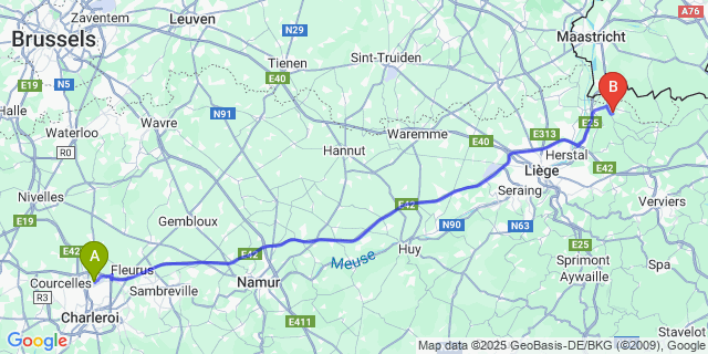 Map: Charleroi Airport Brussels South (CRL) to Bombaye