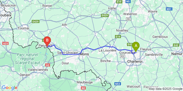 Map: Charleroi Airport Brussels South (CRL) to Bon-Secours