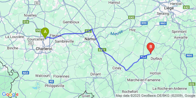 Map: Charleroi Airport Brussels South (CRL) to Borlon
