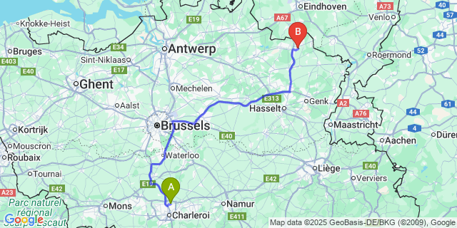Map: Charleroi Airport Brussels South (CRL) to Boseind