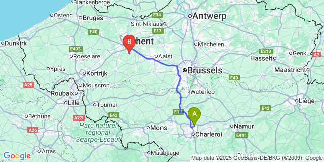 Map: Charleroi Airport Brussels South (CRL) to Bottelare