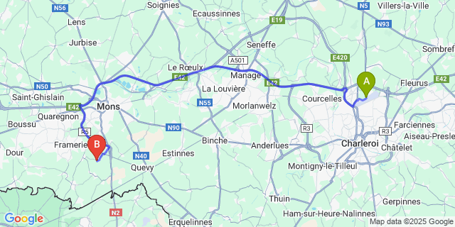 Map: Charleroi Airport Brussels South (CRL) to Bougnies