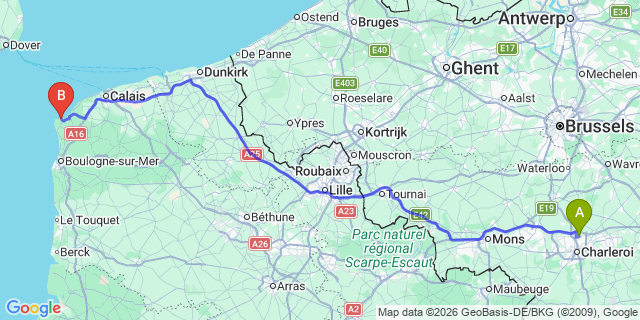 Map: Charleroi Airport Brussels South (CRL) to Boulogne-sur-Mer