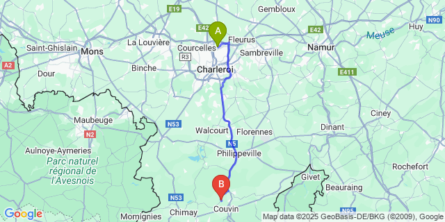 Map: Charleroi Airport Brussels South (CRL) to Boussu-En-Fagne