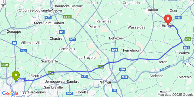 Map: Charleroi Airport Brussels South (CRL) to Braives