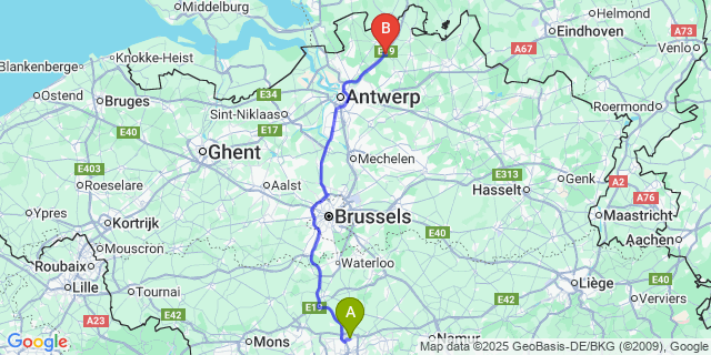 Map: Charleroi Airport Brussels South (CRL) to Brecht