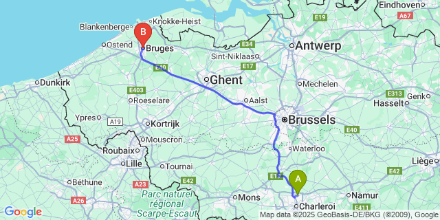 Map: Charleroi Airport Brussels South (CRL) to Bruges