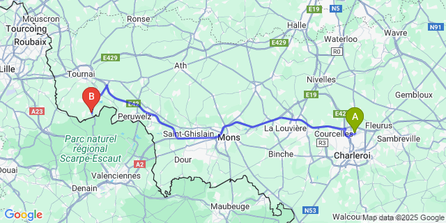 Map: Charleroi Airport Brussels South (CRL) to Brunehaut