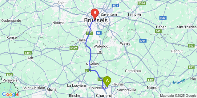 Map: Charleroi Airport Brussels South (CRL) to Brussels Marriott Hotel Grand Place, Brussels