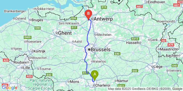 Map: Charleroi Airport Brussels South (CRL) to Burcht