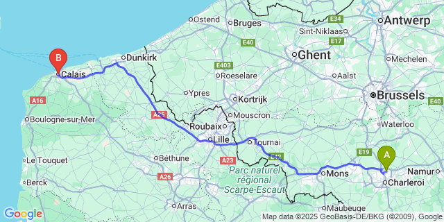 Map: Charleroi Airport Brussels South (CRL) to Calais