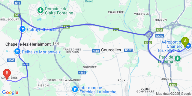 Map: Charleroi Airport Brussels South (CRL) to Carnières