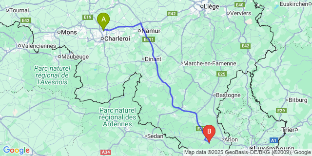 Map: Charleroi Airport Brussels South (CRL) to Chantemelle