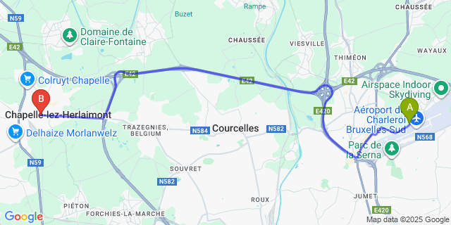 Map: Charleroi Airport Brussels South (CRL) to Chapelle-lez-Herlaimont