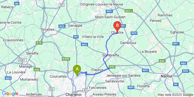 Map: Charleroi Airport Brussels South (CRL) to Chastre