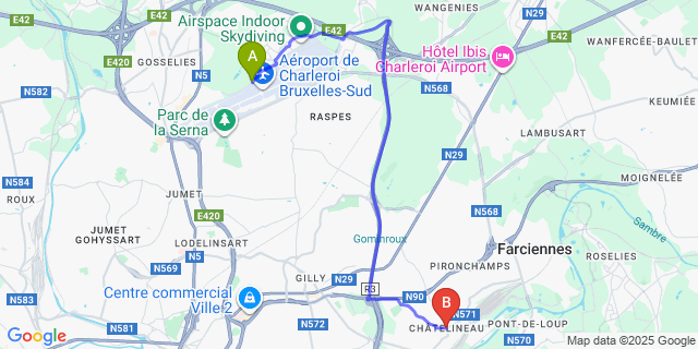 Map: Charleroi Airport Brussels South (CRL) to Châtelineau