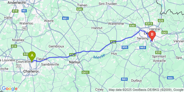 Map: Charleroi Airport Brussels South (CRL) to Chaudfontaine