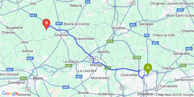 Map: Charleroi Airport Brussels South (CRL) to Chaussée-Notre-Dame-Louvignies