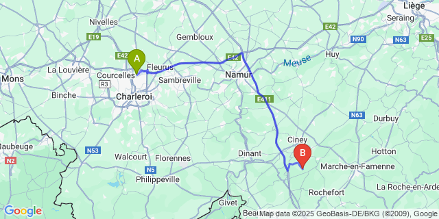 Map: Charleroi Airport Brussels South (CRL) to Chevetogne